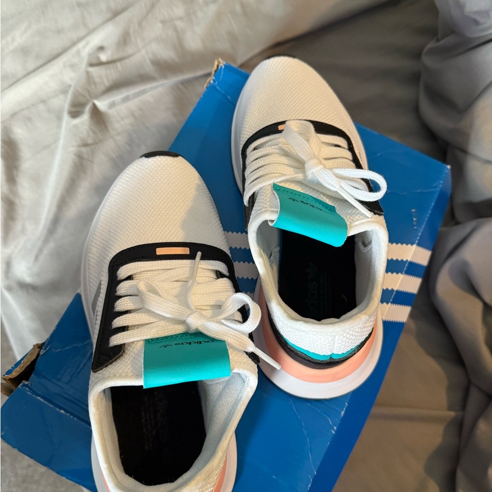 Adidas White and Black Sneakers with Coral and Teal Highlights - Picture 2 of 3